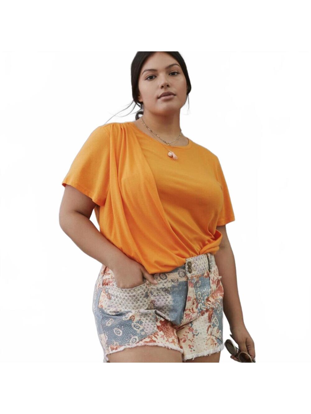 Anthropologie Orange Draped Cropped Crew Neck Tee Size Small Boho Summer